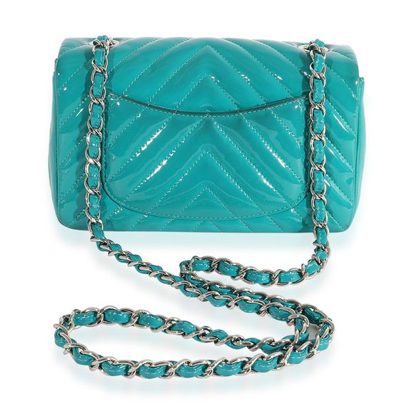 Chanel Teal Chevron Quilted Patent Leather Mini Rectangular Classic Flap Bag - Picture 3 of 8